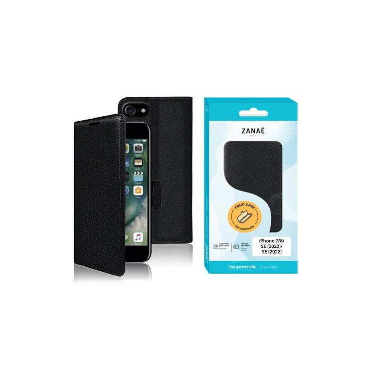 Coque Etui Portefeuille Iphone 7 / 8 / SE2 / SE3 noir - vue face et boite