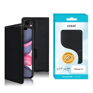 Coque Etui Portefeuille Iphone 11 noir - vue face et boite
