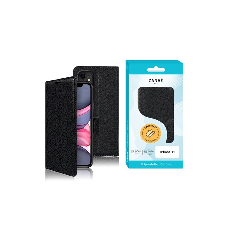 Coque Etui Portefeuille Iphone 11 noir - vue face et boite