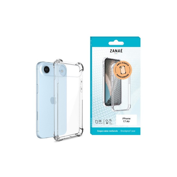 Coque silicone Iphone 17 air transparente avec coins renforcés - vue face et boite