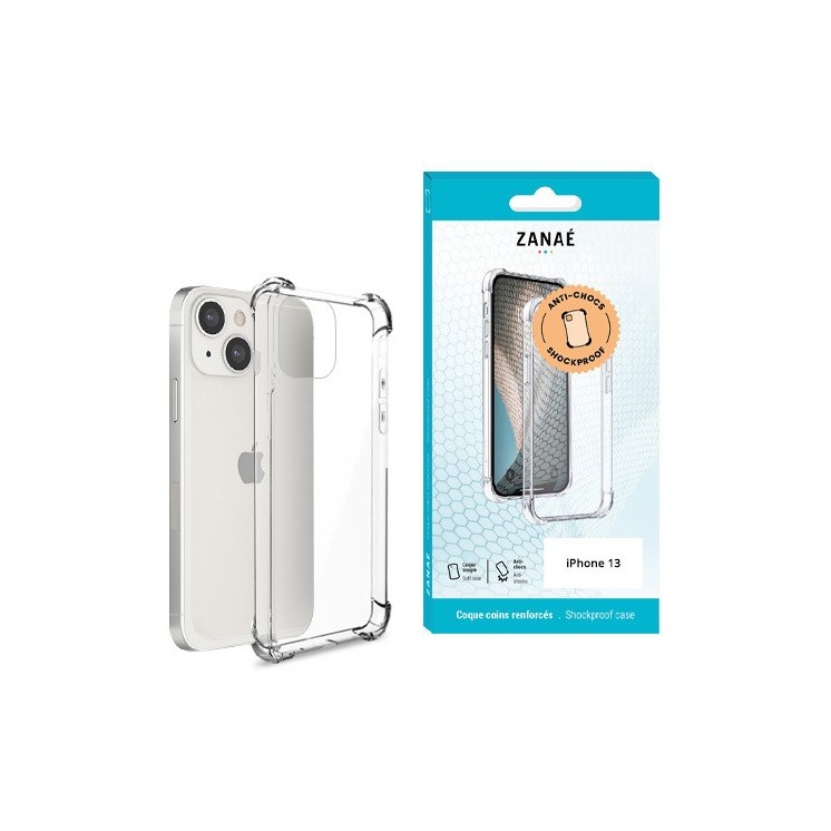 Coque silicone Iphone 13 transparente avec coins renforcés - vue face et boite