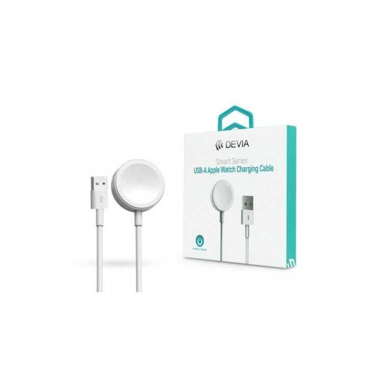 Chargeur Apple watch Devia blanc - vue face et boite