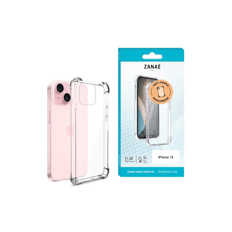 Coque silicone Iphone 15 transparente avec coins renforcés - vue face et boite