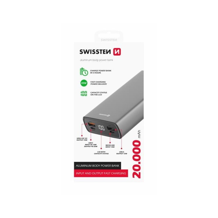 Batterie externe aluminium body 20.000 mah Swissten