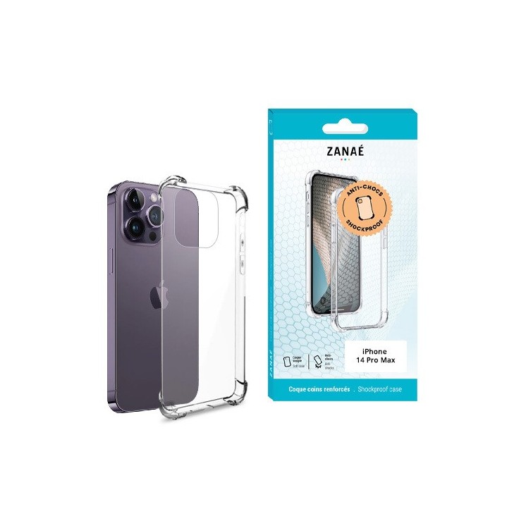 Coque silicone Iphone 14 pro max transparente avec coins renforcés - vue face et boite