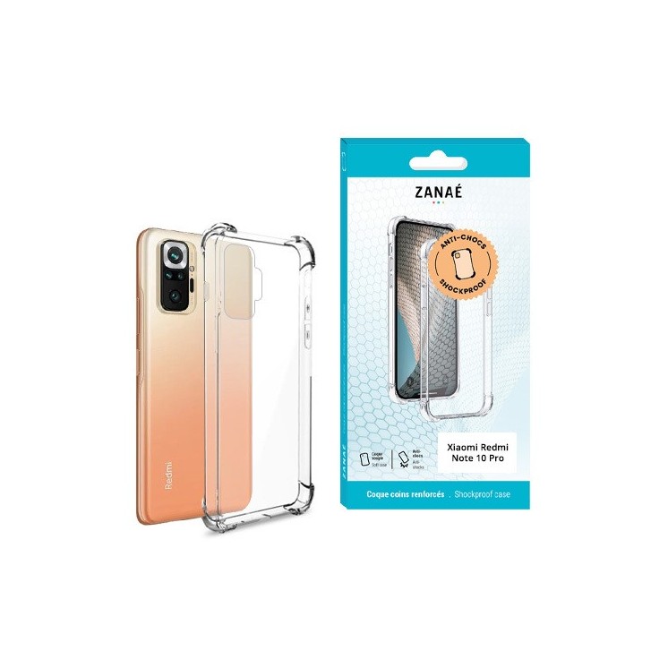 Coque silicone Xiaomi redmi note 10 pro transparente avec coins renforcés - vue face et boite