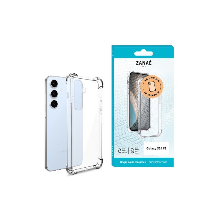 Coque silicone Samsung galaxy S24 FE transparente avec coins renforcés - vue face et boite