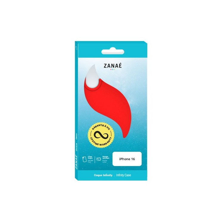 Coque silicone Infinity Iphone 16 rouge garantie à vie - vue boite