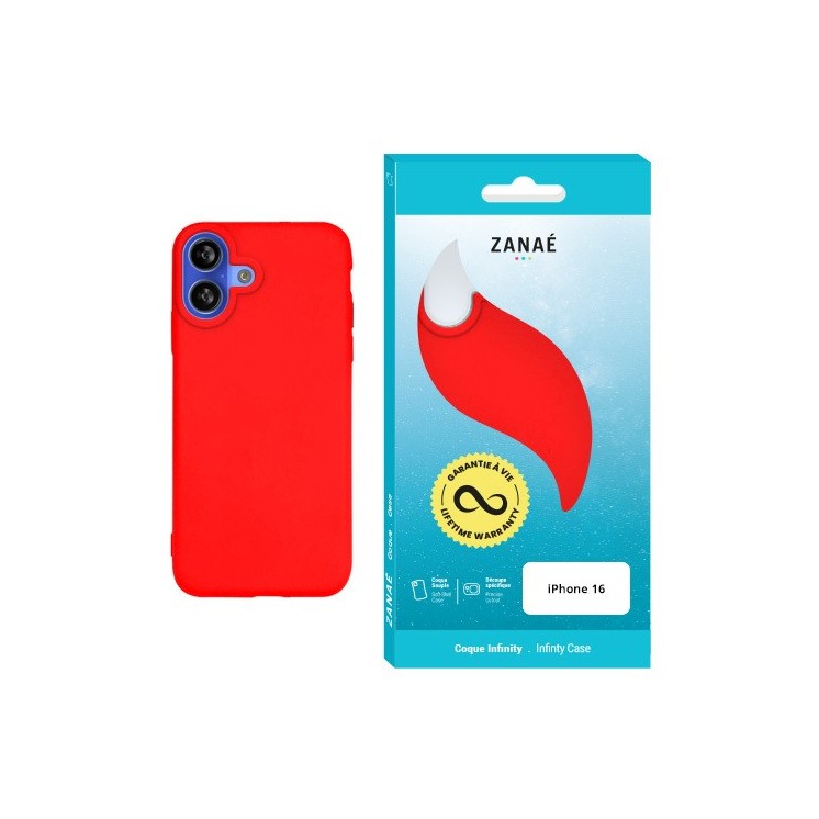 Coque silicone Infinity Iphone 16 rouge garantie à vie - vue dos et boite
