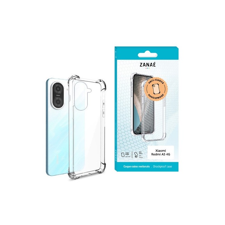Coque silicone Xiaomi redmi A5 4G transparente avec coins renforcés - vue face et boite