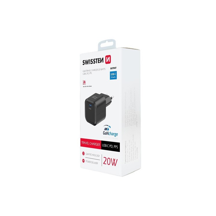 Chargeur 1 port USB-C 20w max noir Swissten