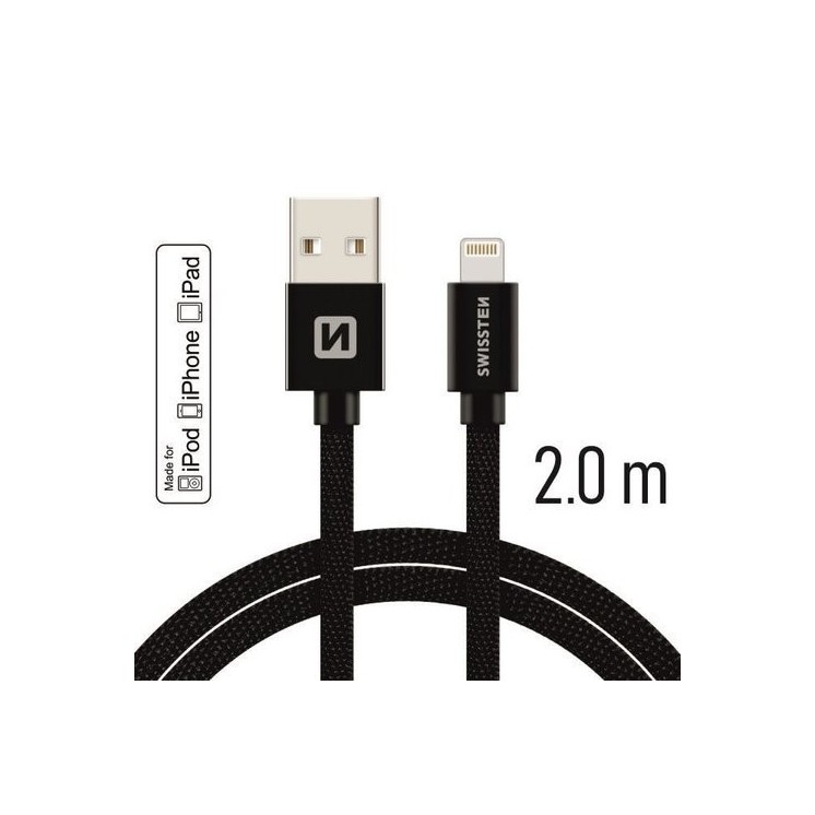 Câble Textile USB / Lightning MFI 2m noir Swissten - vue face