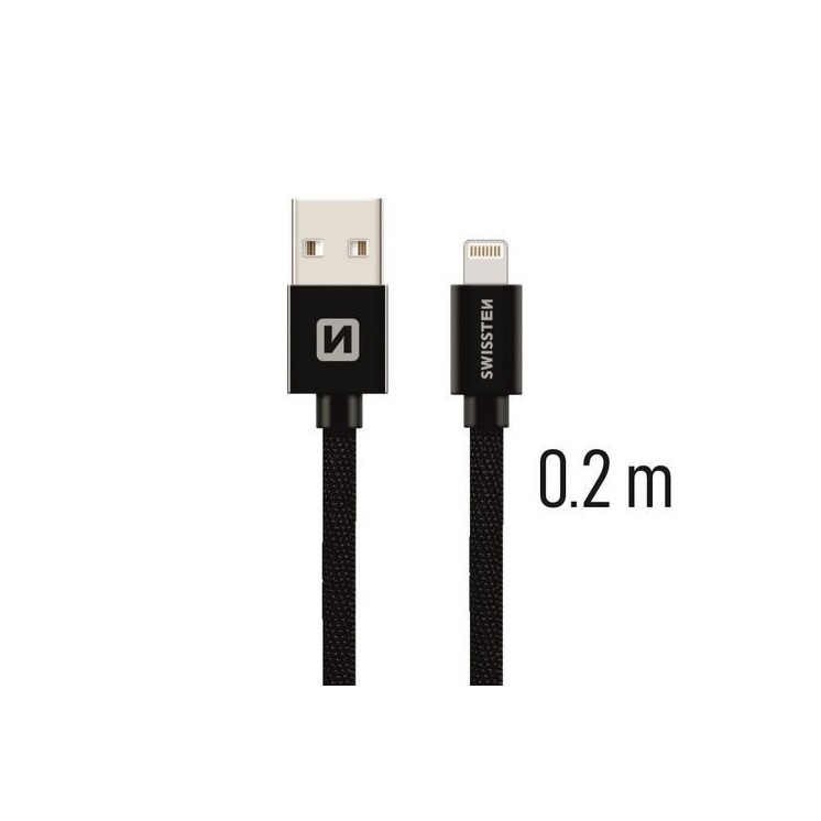 Câble Textile USB / Lightning 0.2m noir Swissten - vue face