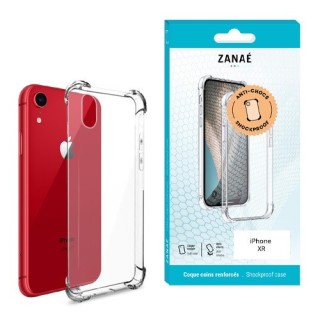 Coque silicone Iphone XR transparente avec coins renforcés - vue face et boite