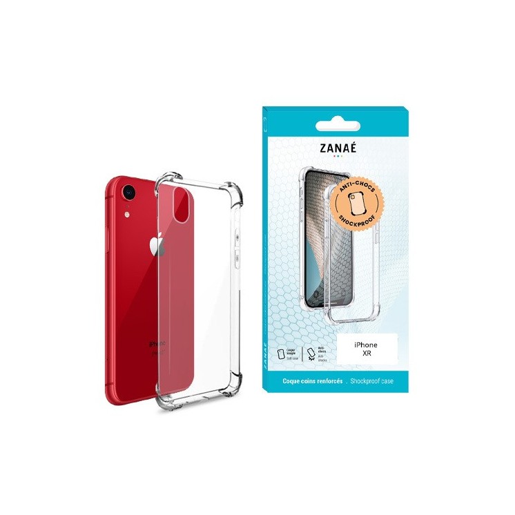 Coque silicone Iphone XR transparente avec coins renforcés - vue face et boite