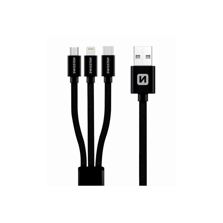 Câble Textile 3 en 1 USB / Lightning MFI + USB-C + Micro USB 1.2m noir