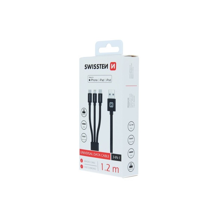 Câble Textile 3 en 1 USB / Lightning MFI + USB-C + Micro USB 1.2m noir