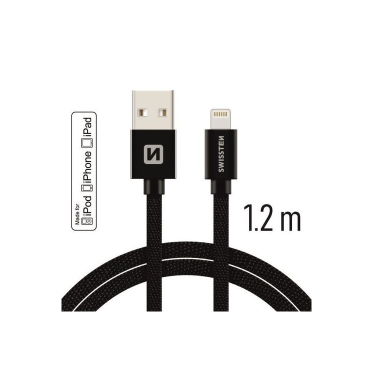Câble Textile USB / Lightning MFI 1.20m noir  Swissten - vue face